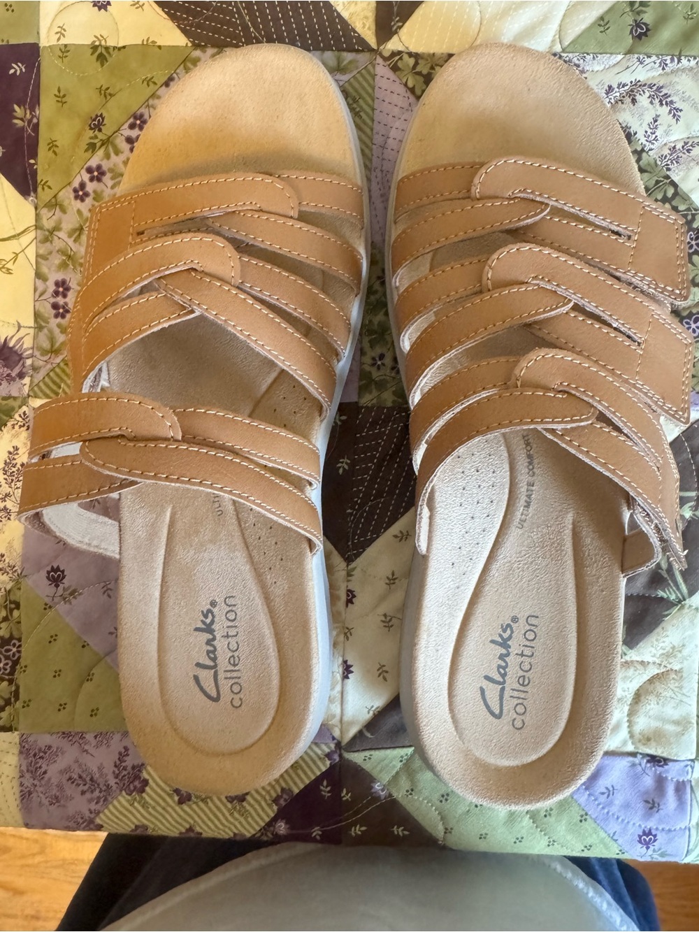 Clarks Women's Tan Leather Multi-Strap Slide Sandals